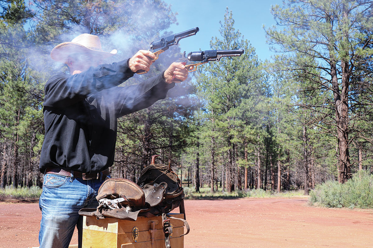 Shooting two-handed with dragoons must have been a desperation move in the bad old days. The author put 8 1⁄2x11-inch sheets of paper on two target stands at 10 yards, five yards apart, and counted two hits out of three from the left hand and one hit out of three on the right.